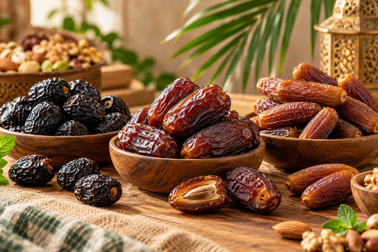 Three varieties of dates in bowls